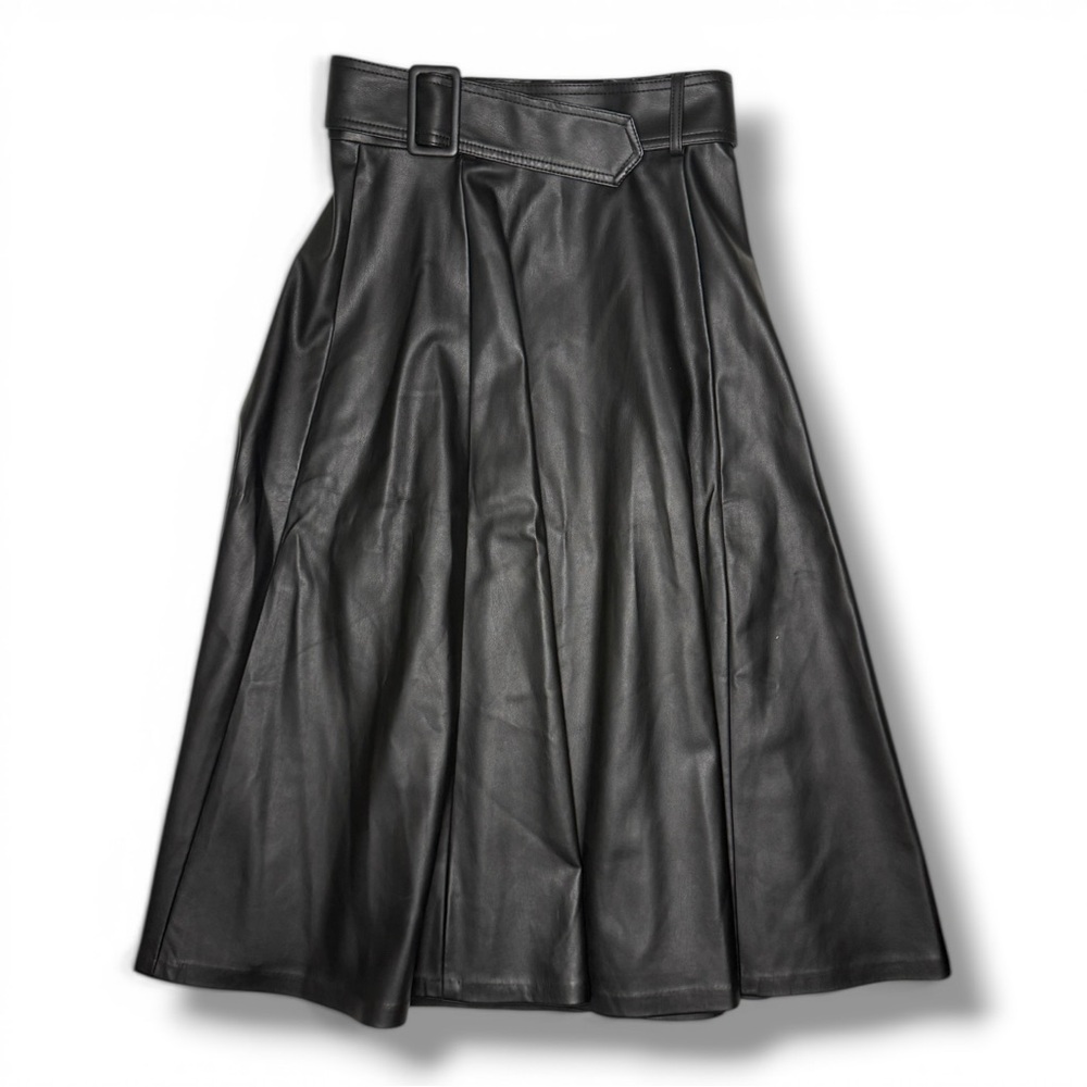 H&M Black Pleather Maxi Belt Skirt Size 6